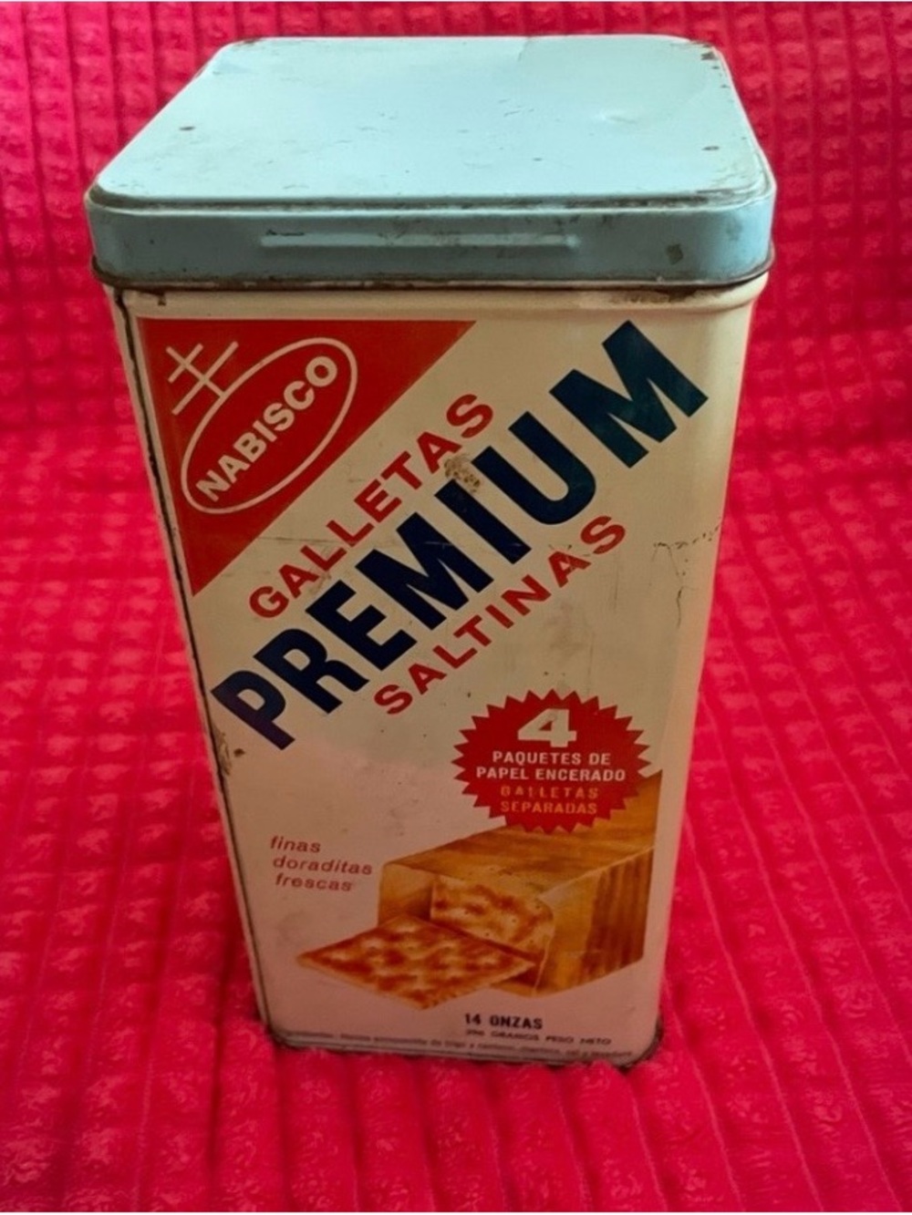 Vintage Nabisco Galletas Premium Saltinas Storage Tin - White & Light Blue